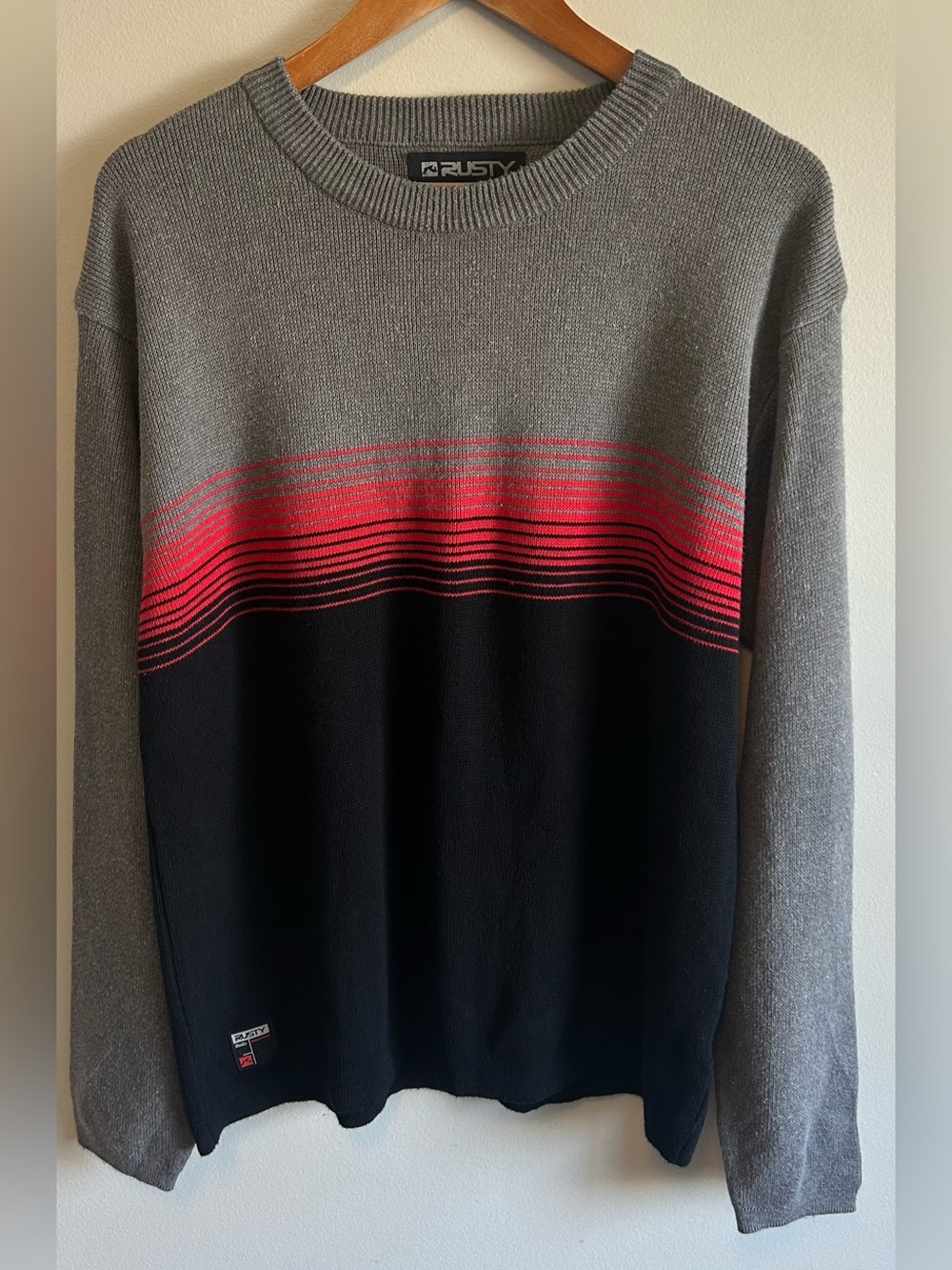 Vintage Rusty Crew Neck Knit Sweater Mens XL Gray Black Red Stripes Surfboards